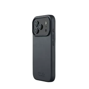 Funda de cuero Mujjo para iPhone 17 Pro, en negro, con recorte elevado para la cámara y cubiertas para los botones laterales