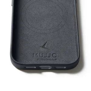 Funda de cuero Mujjo para iPhone 17 Pro en negro, con parte trasera compatible con MagSafe y logotipo en relieve