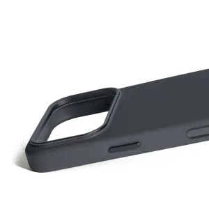 Funda de cuero Mujjo para iPhone 17 Pro en basalto, con acabado texturizado, bordes elevados y recorte para la cámara