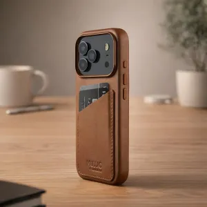 Mujjo vaaleanruskea nahkakuori iPhone 17 Prolle, korttipaikka, korotettu kamera-aukko ja logo takana.