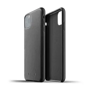 Mujjo schwarze Volllederhülle für das iPhone 11 Pro Max in Vorder- und Innenansicht mit erhöhtem Kameraausschnitt