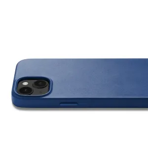 Mujjo Full Leather Case mit MagSafe für das iPhone 14 in Monacoblau, mit erhöhtem Kamerarahmen