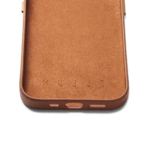 Coque portefeuille Mujjo en cuir beige pour iPhone 14 Pro, avec logo embossé et découpes précises pour les boutons