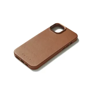 Mujjo Lederhülle für iPhone 15 in Hellbraun, mit geprägtem Logo, Kameraaussparung und Tastenöffnungen