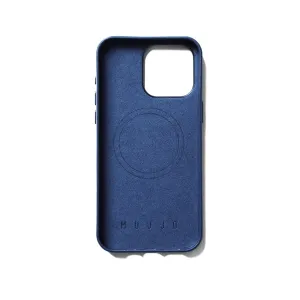 Mujjo iPhone 15 Pro Max Lederhülle in Monaco Blau mit geprägtem Logo und Kameraaussparung