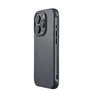 Mujjo iPhone 15 Pro Impact Case in Dunkelgrau mit erhöhtem Kameraausschnitt und strukturierter Oberfläche