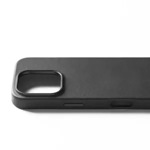 Mujjo-skinnetui til iPhone 16 i svart, med strukturert overflate, hevet kameraåpning og sideknappdeksler