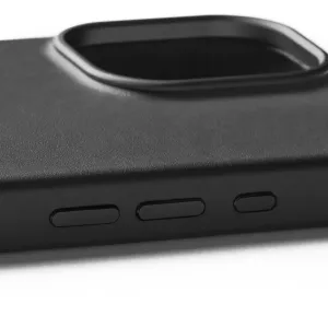 Mujjo iPhone 16-skinnetui i svart med hevet kamerautskjæring og deksler til sideknappene