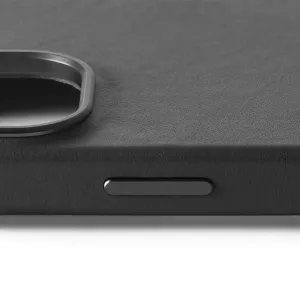 Mujjo-lærdeksel til iPhone 16 med teksturert svart finish, opphøyd kamerautskjæring og sideknapp