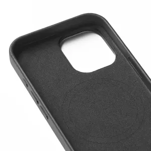 Mujjo skinnetui til iPhone 16 med MagSafe-ring, kamerautskjæring og knappedeksler på svart etui
