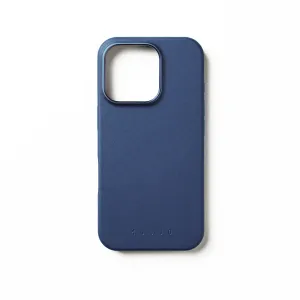 Coque en cuir bleu Mujjo pour iPhone 16 Pro avec logo en relief, grande découpe pour l’appareil photo et compatibilité MagSafe