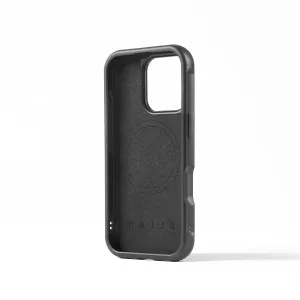 Coque Mujjo Shield pour iPhone 16 Pro en noir, avec découpe pour l’appareil photo, couvre-boutons et bords surélevés