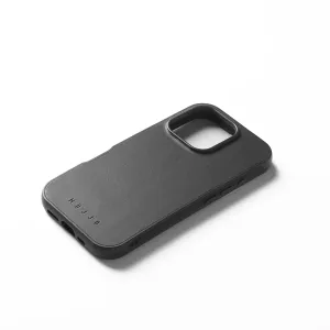 Coque Mujjo noire pour iPhone 16 Pro avec finition en cuir texturé, découpe surélevée pour l’appareil photo et logo embossé
