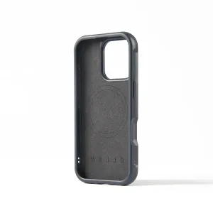 Coque Mujjo Shield pour iPhone 16 Pro en gris foncé, avec bords surélevés, découpe pour appareil photo et intérieur texturé