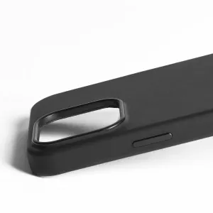 Coque en cuir Mujjo pour iPhone 16 Pro Max noire, avec une grande découpe pour l’appareil photo et une protection pour le bouton latéral.