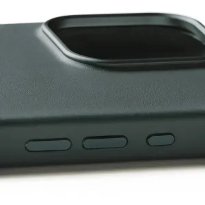 Mujjo-Lederhülle für iPhone 16 Pro Max in Graugrün, gezeigt mit Kameraausschnitt und Tastenabdeckungen.