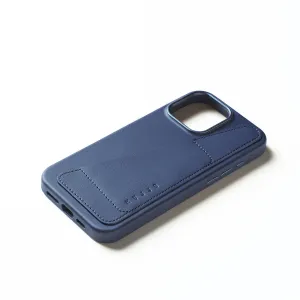 Mujjo blåt læderetui med pung til iPhone 16 Pro Max med syet bagside, præget logo og kameraudskæring
