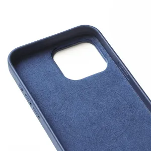 Mujjo blåt lædercover til iPhone 16 Pro Max med kameraudskæring og MagSafe-justeringsring