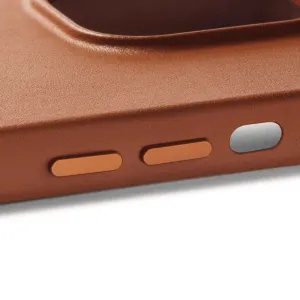 Coque en cuir Mujjo avec MagSafe pour iPhone 14 Pro Max, couleur fauve, gros plan sur le cuir texturé et les boutons latéraux