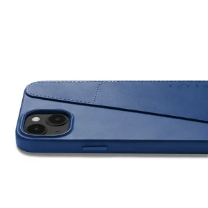 Mujjo Vollleder-Brieftaschenhülle für iPhone 15 Plus und 14 Plus in Monaco-Blau, mit Kartenfach und Kameraausschnitt.