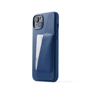 Mujjo blaue Lederhülle für iPhone 15 Plus und 14 Plus, mit Kartenfach und erhöhtem Kameraausschnitt