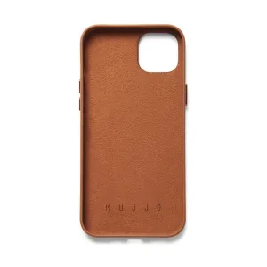 Mujjo Brieftaschenhülle aus hellbraunem Leder für iPhone 15 Plus und 14 Plus, mit erhöhten Rändern und Kameraausschnitt