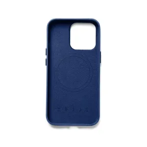 Mujjo dunkelblaue Lederhülle für iPhone 14 Pro mit MagSafe-Ring, erhöhten Rändern und Tastenabdeckungen aus Metall