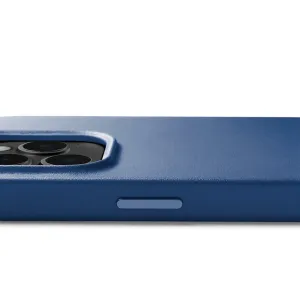 Mujjo-Lederhülle für das iPhone 14 Pro in Monaco-Blau mit erhöhtem Kameraausschnitt und Metall-Tastenabdeckung