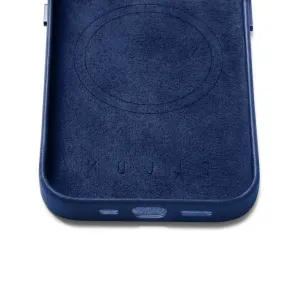 Mujjo Lederhülle in Blau für iPhone 14 Pro mit MagSafe-Kreis, Metalltasten und geprägtem Logo