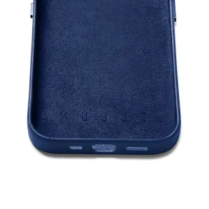 Coque portefeuille en cuir Mujjo pour iPhone 14 Pro en bleu Monaco, avec logo embossé et découpes pour les boutons