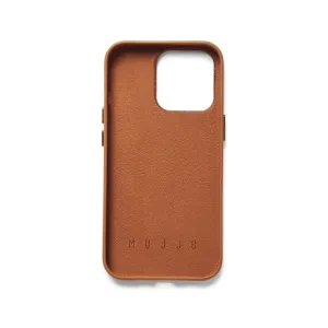 Étui portefeuille en cuir Mujjo pour iPhone 14 Pro, couleur fauve, avec compartiment pour carte, bords surélevés et découpe pour appareil photo