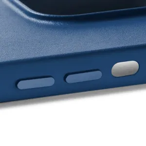 Mujjo-Lederhülle mit MagSafe für das iPhone 14 Pro Max in Monaco-Blau, Nahaufnahme der strukturierten Seitentasten