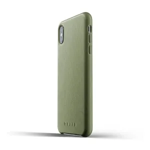 Coque en cuir vert olive Mujjo pour iPhone XS Max, avec profil fin, bords surélevés et découpe pour l’appareil photo