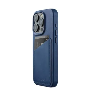 Coque portefeuille en cuir Mujjo Monaco Blue pour iPhone 15 Pro avec poche pour carte, contour d’appareil photo surélevé et protections de boutons