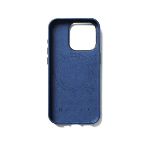 Coque en cuir Mujjo bleu Monaco pour iPhone 15 Pro avec anneau MagSafe et protection du bloc photo