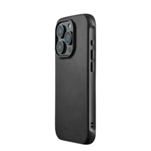 Mujjo iPhone 15 Pro stoßfeste Hülle in Schwarz mit strukturierter Rückseite, erhabenem Kameraausschnitt und erhabenen Seitentasten