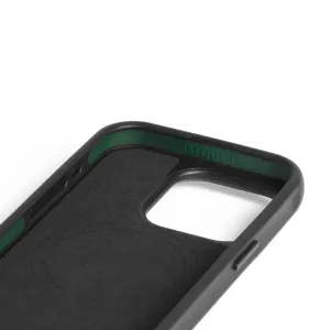 Mujjo iPhone 15 Pro Impact Case in Schwarz, Innenansicht mit Kameraaussparung und impactCore-Branding