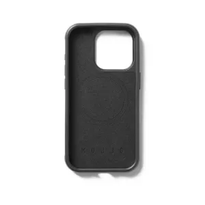 Mujjo iPhone 15 Pro Impact Case in Schwarz mit erhöhten Kanten, großem Kameraausschnitt und geprägtem Logo