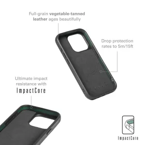 Mujjo iPhone 15 Pro Impact Case in Schwarz, abgebildet mit MagSafe-Ring, erhöhten Rändern und Kameraausschnitt