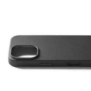 Mujjo Leather Case til iPhone 16 Pro i sort, der viser MagSafe-kompatible knapbeskyttere og kameraudskæring