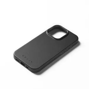 Mujjo-lædercover til iPhone 16 Pro i sort med tekstureret finish, hævet kameraåbning og logo