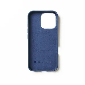 Coque en cuir bleu Mujjo pour iPhone 16 Pro avec contour MagSafe et grande découpe pour l’appareil photo
