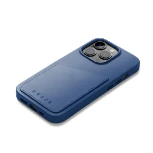 Étui portefeuille Mujjo en cuir bleu pour iPhone 14 Pro avec poche pour carte et découpe surélevée pour l’appareil photo