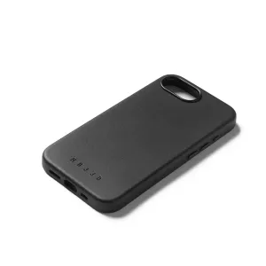 Funda de cuero negra Mujjo para iPhone 16e, con recorte elevado para la cámara, cubiertas para los botones y logotipo en relieve
