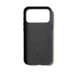 Funda cartera de cuero negro Mujjo para iPhone 17 Pro Max con anillo MagSafe, recorte para la cámara y bolsillo para tarjetas
