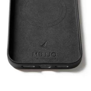 Funda cartera de cuero negro Mujjo para iPhone 17 Pro Max con contorno MagSafe y logotipo en relieve