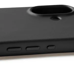 Funda de piel completa Mujjo para iPhone 17 en negro, con acabado de piel texturizada y recorte para la cámara