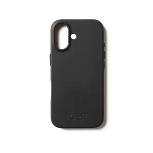 Funda de cuero completo negra Mujjo para iPhone 17 con borde elevado, compatibilidad con MagSafe y logotipo en relieve