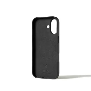 Funda Full Leather Case negra de Mujjo para iPhone 17 con interior grabado en relieve, bordes elevados y recorte para la cámara