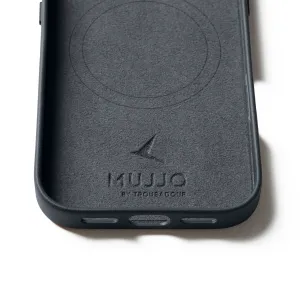 Funda Mujjo de cuero negro para iPhone 17 con contorno de alineación MagSafe, bordes elevados y marca en relieve